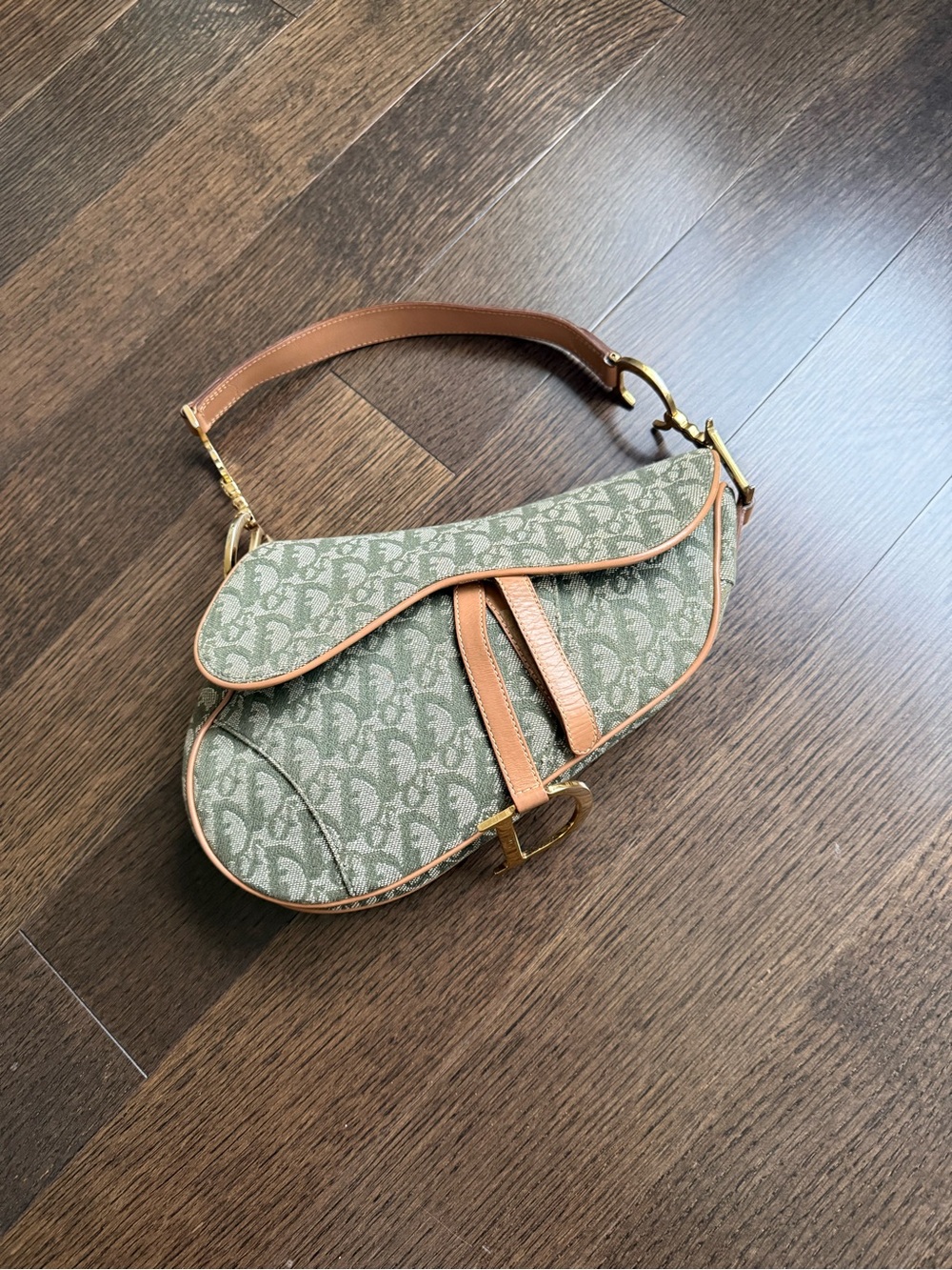Christian Dior Vintage Green Monogram Saddle Bag with Tan Leather Trim